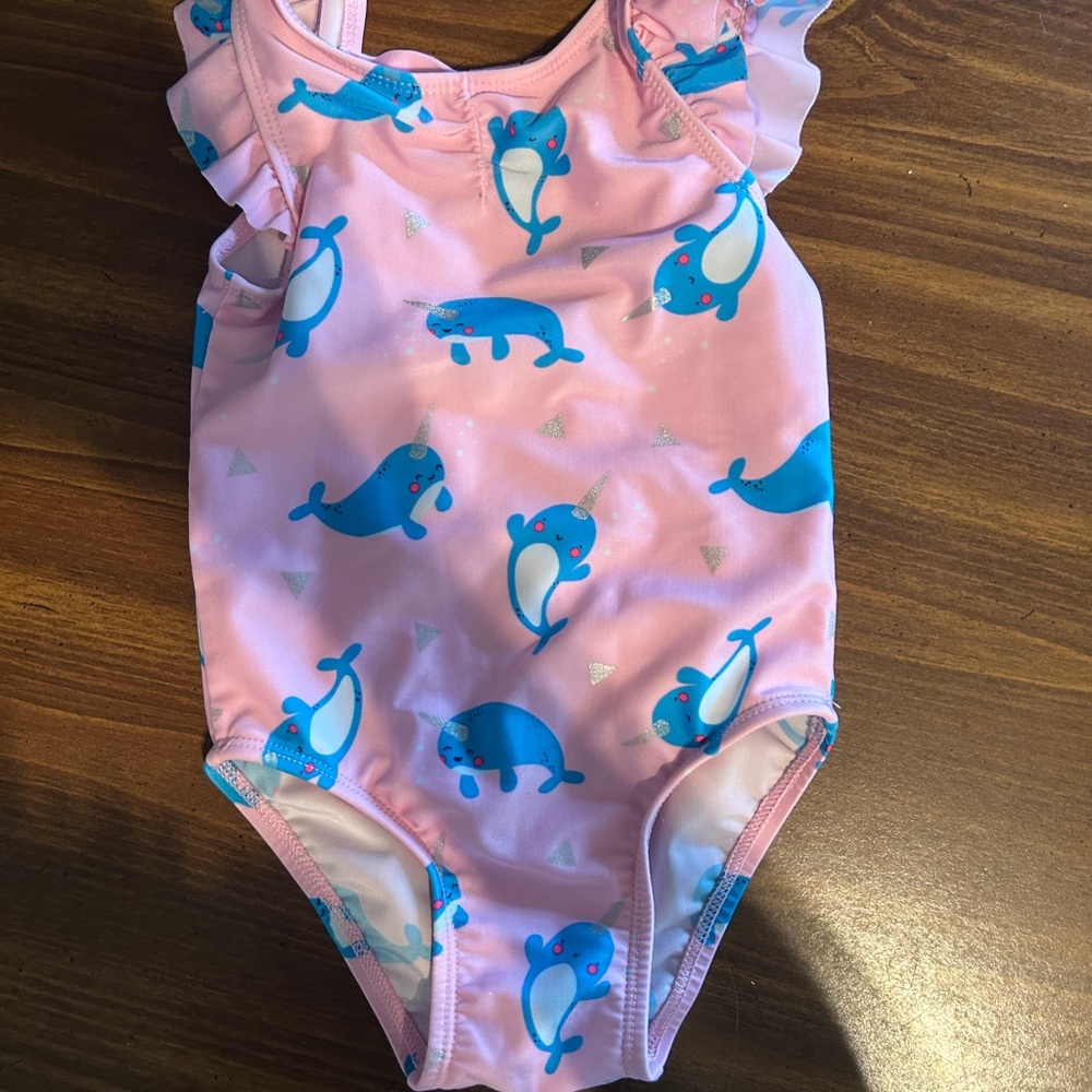 Cat & Jack Pink Swimsuit with Blue Narwhals